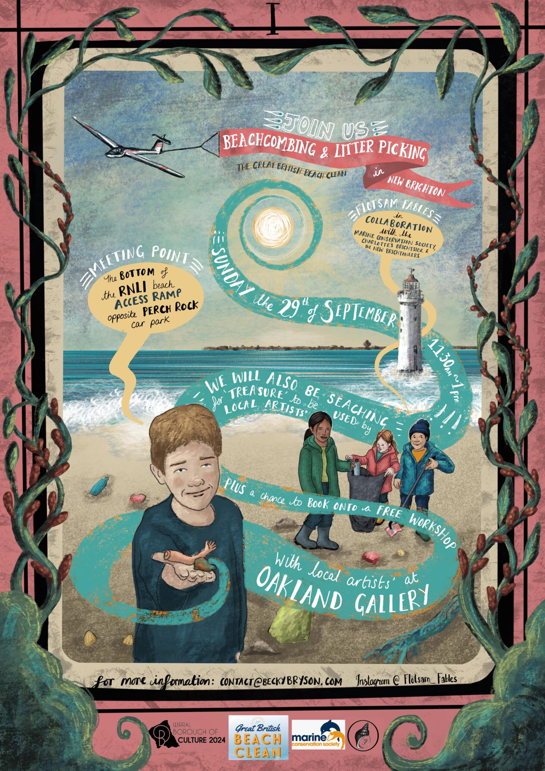 Poster with the image of a beach, and four people collecting litter. The main text reads "Join us beachcombing and litter picking". there is a date and location of the event as well as contact details for the organiser. The main colours used are purple, blue and beige.