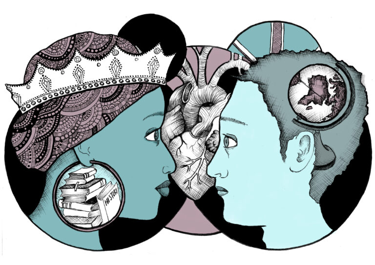 Image is of a two people's side profiles. They are facing each other and one of them is wearing a crown. Colour theme is different shades of blue. there is a heart in the background, a globe and various history books.